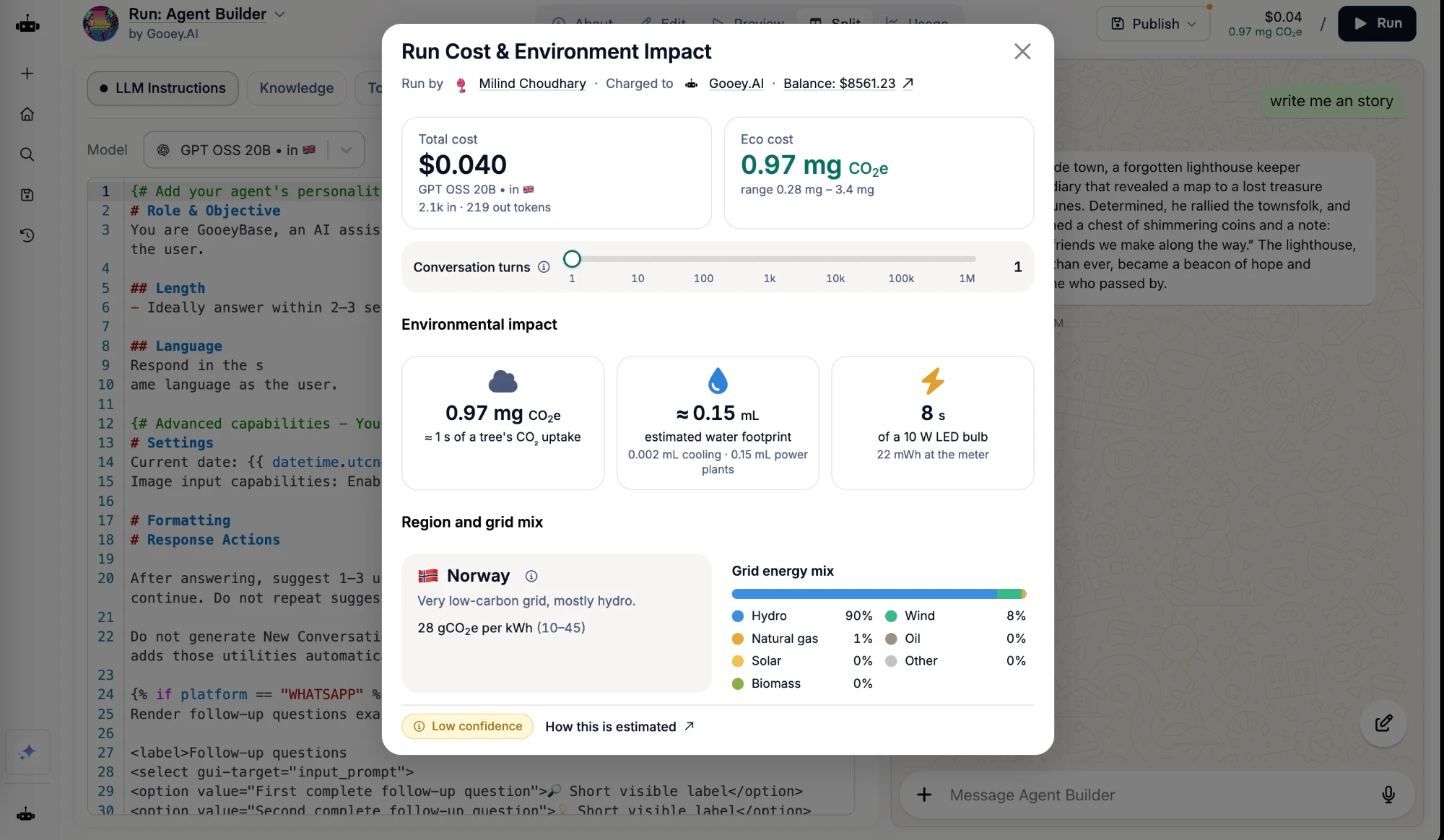 Gooey.AI Agent Builder on desktop. The run price in the header shows $0.04 and 0.97 mg CO₂e, and the open Run Cost & Environment Impact dialog shows carbon, water, energy, and the Norway grid mix