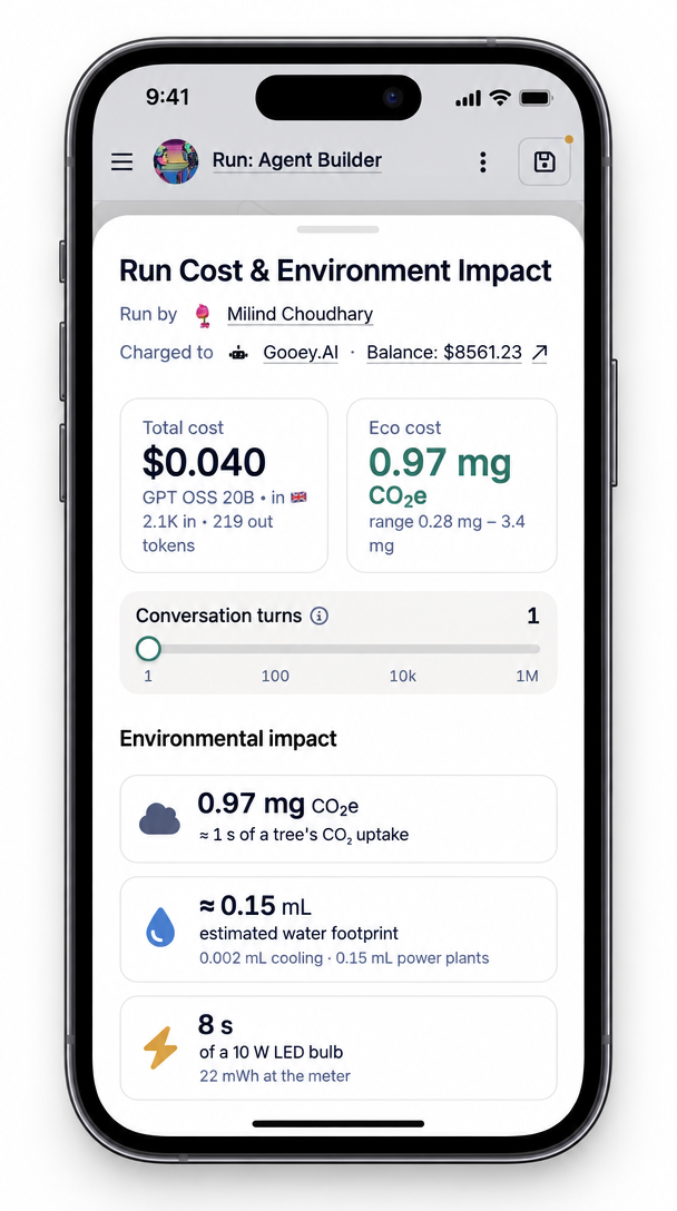 The same Run Cost & Environment Impact view as a bottom sheet on mobile