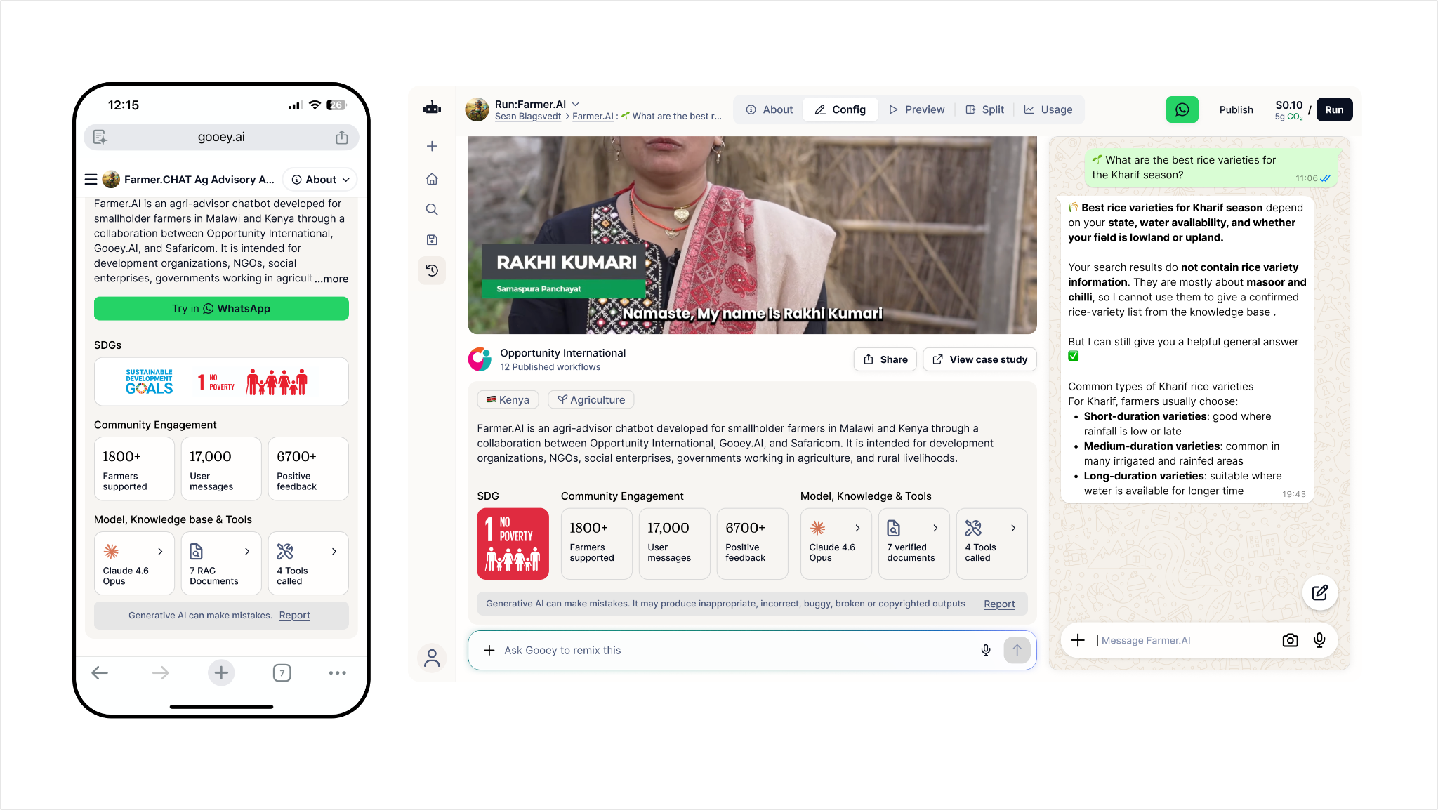 Mobile and desktop Farmer.AI interfaces with an eco-cost label beside the desktop run price