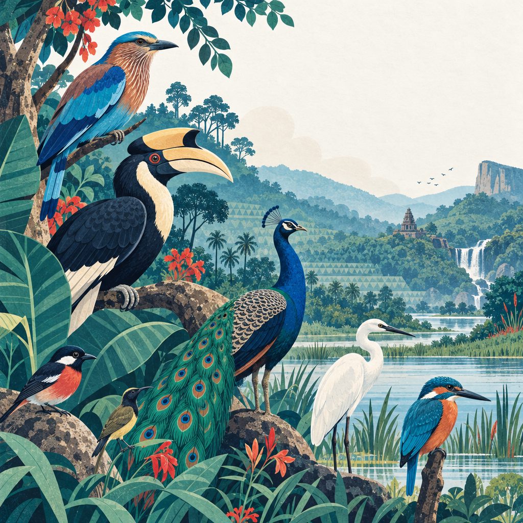 Illustrated Karnataka birds — roller, hornbill, peacock, egret and kingfisher