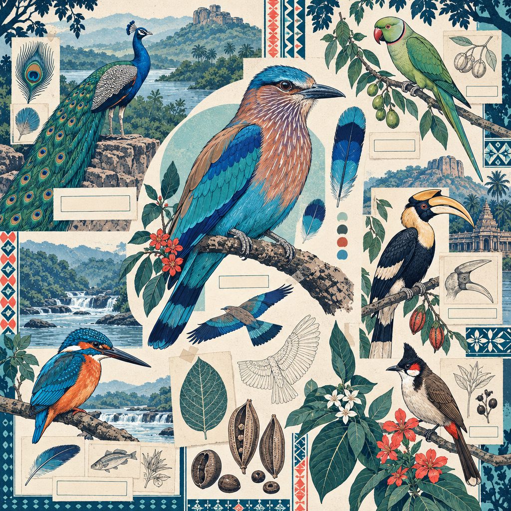 Community bird field-guide plate — roller, peacock, hornbill, kingfisher and bulbul