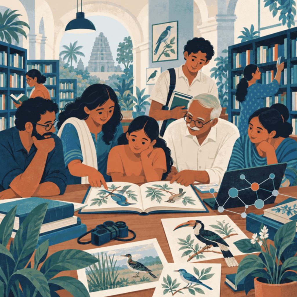 Librarians and community members co-creating a bird field guide in a library