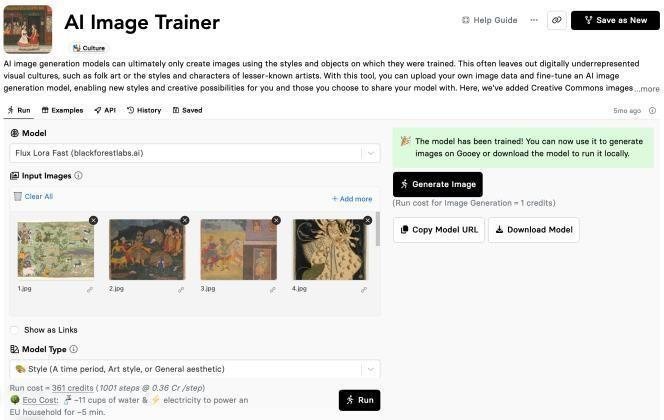 Figure 1: AI Image Trainer Tool with ecological costs displayed at the bottom