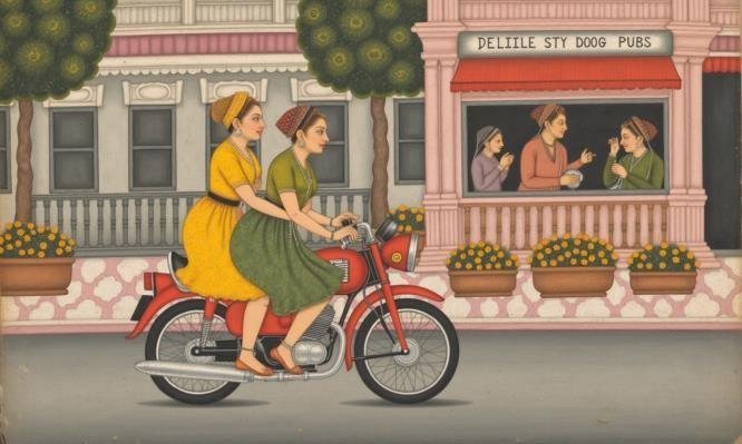 Figure 3: Women riding a bike — output in Mughal miniature style