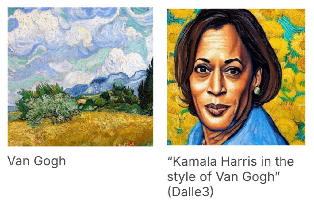Van Gogh landscape vs Kamala Harris in the style of Van Gogh (DALL·E 3)