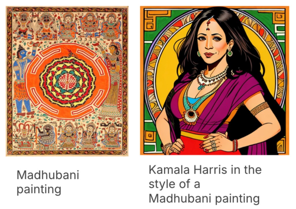 Madhubani painting vs Kamala Harris in the style of a Madhubani painting