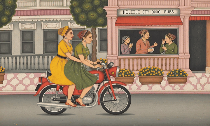 Custom video — miniature-style painting of two women in traditional dress riding a motorcycle